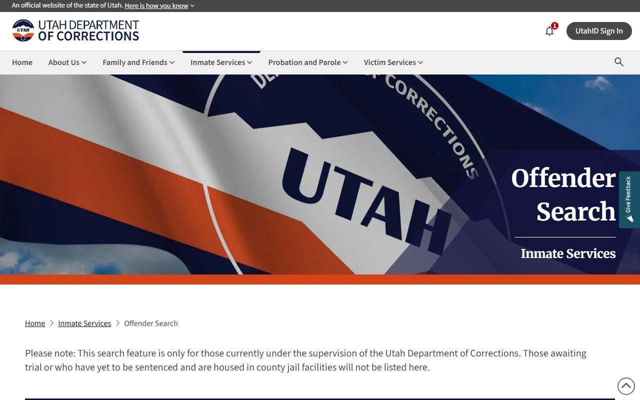 Utah inmate population UDC offender search screenshot