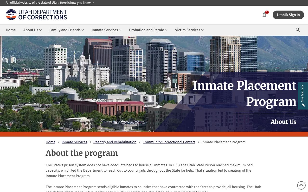 Utah inmate population Inmate Placement Program screenshot